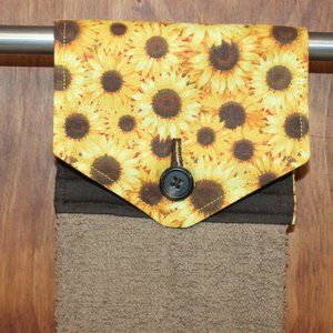SUNFLOWER PRINT GOLD & BROWN HANDMADE HANGING KITCHEN TOWEL TAN COTTON TOWEL